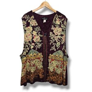 Vintage 90s Carole Little Vest Womens 2X Burgundy Dark Floral Boho Cottage Artsy